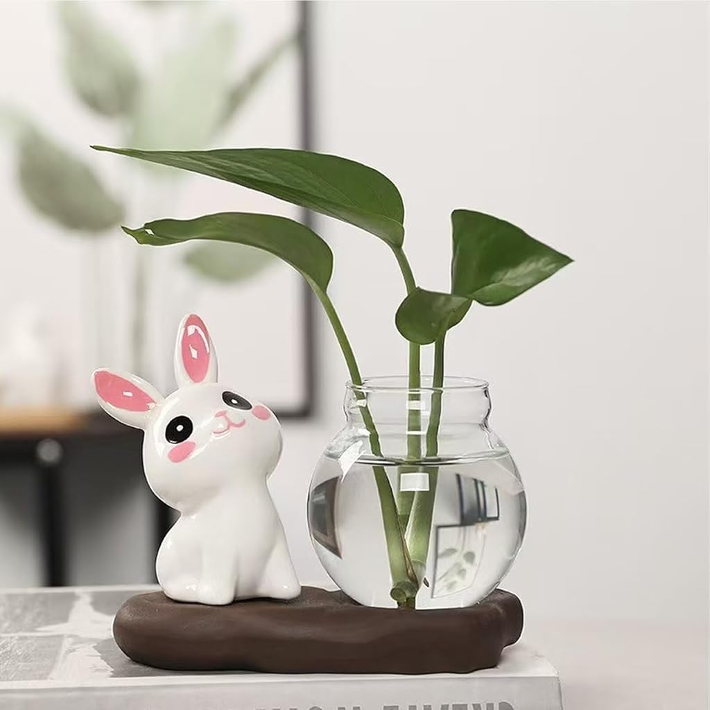 HASTHIP® Desktop Glass Planter Vase Holder,Creative Ceramic Rabbit Shape Vase for Hydroponic Plants HASTHIP® Desktop Glass Planter Vase Holder,Creative Ceramic Rabbit Shape Vase for Hydroponic Plants